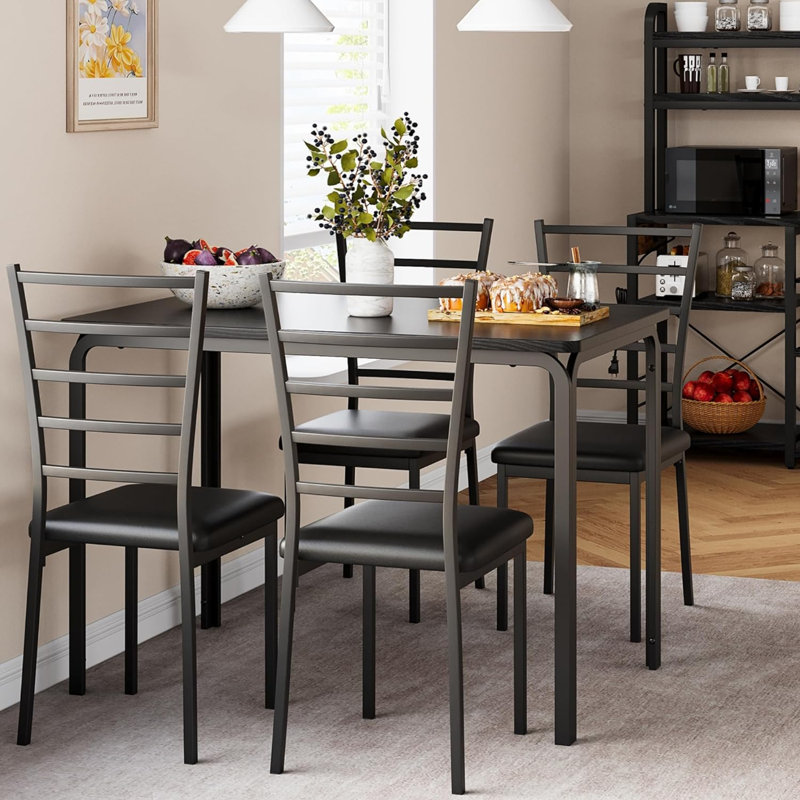 4 - Person Four Leg Dining Set, Black, 30"H x 43.30"L x 27.50"W, 5