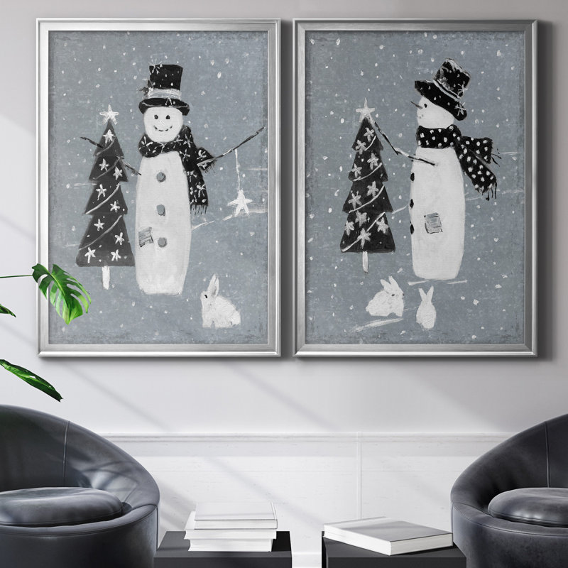 «Snowman Galvanized I», ensemble de 2 reproductions, Pas de tapis, Toile encadrée argentée, H 30,5 po x l 85 po x P 3 po