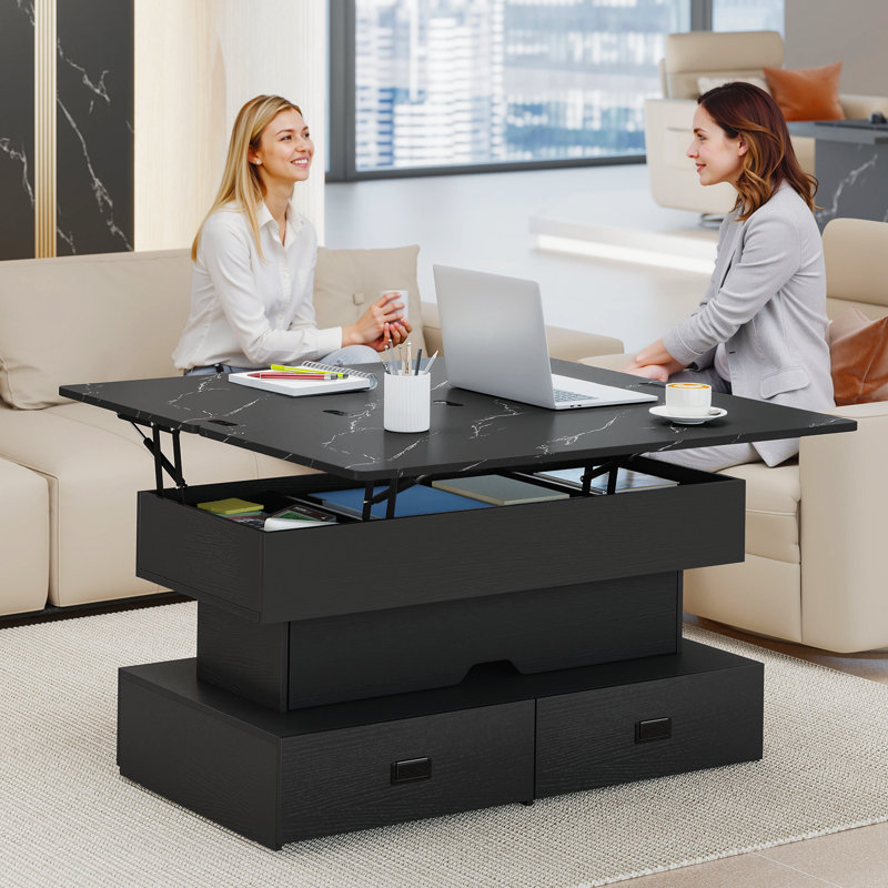Lift Top Coffee Table with LED Light Strip, Extendable MDF Center Table with 4 Drawers & Hidden Compartment, Marble Texture