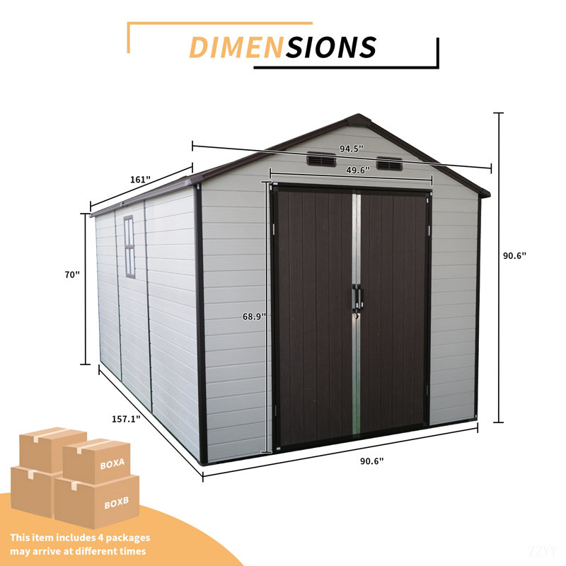 Remise de rangement extérieure en résine avec fenêtres, structure et plancher en aluminium robuste pour le jardin et l'organisation de la cour (blanc et brun)