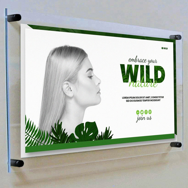 Floating Acrylic Wall Frame with Black Stand Off Caps: 17" X 22" Graphic Size, Overall Frame Size: 21" X 26"