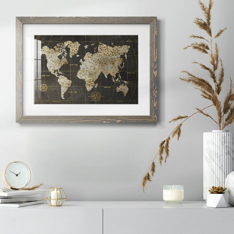 Safari - carte du monde - reproduction encadrée rustique avec tableau mat, H 14 po x l 20 po, Gris