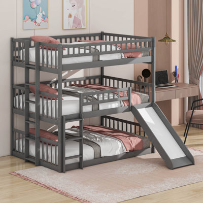 Full-Over-Full-Over-Full Triple Bed With Built-In Ladder And Slide , Triple Bunk Bed With Guardrails