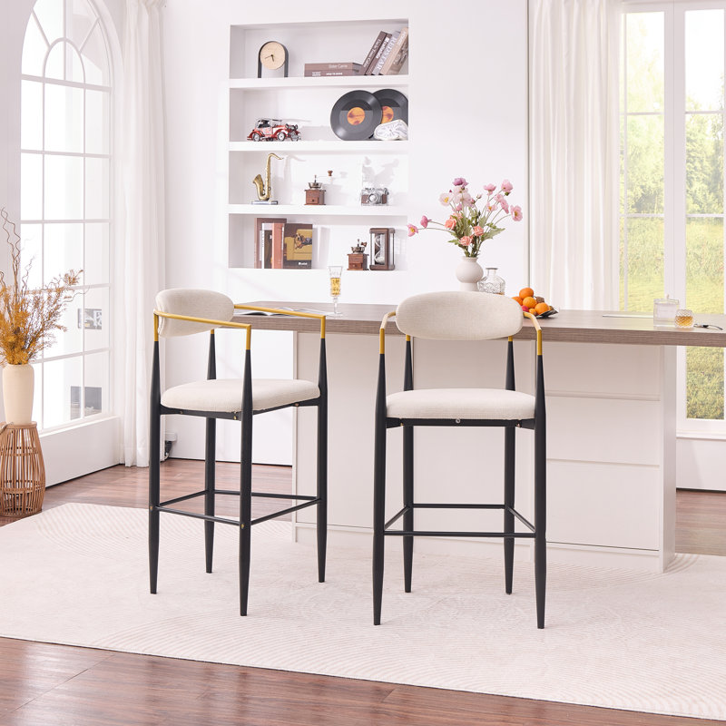 Modern Upholstered Bar Stool With Gold-Accented Armrests