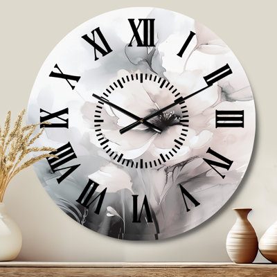 Soft Light Grey Flowers I - Floral Black Face Wall Clock