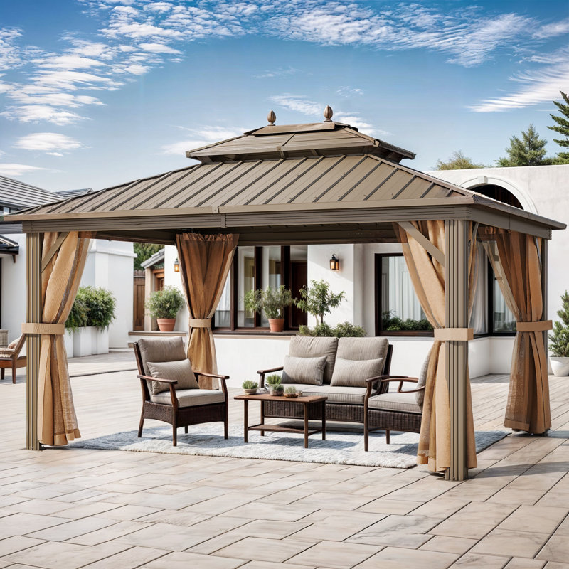 12ft x 10ft Hardtop Gazebo with Double Roof Design, include Curtains & Mesh Netting, Rust-Resistant Steel Top & Aluminum Frame, Outdoor Canopy Pavilion for Patio, Deck, Backyard, Suitable for All Seasons