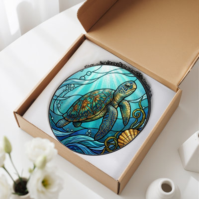 Sea Turtle Stained Glass Window Panel，7.8H