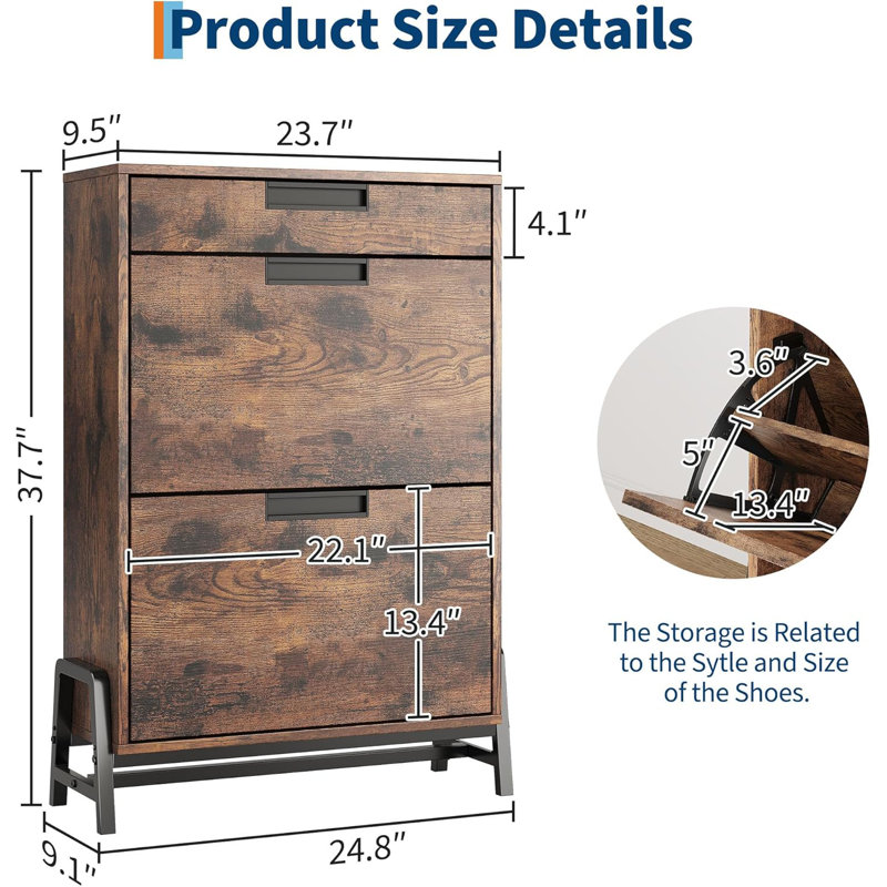 Shoe Storage Cabinet with 2 Flip Drawers and 1 Drawer, Vintage Farmhouse Narrow Shoe Organizer with Legs, Freestanding Hidden Entryway Organizer with Open Shelf for Hallway, Living Room