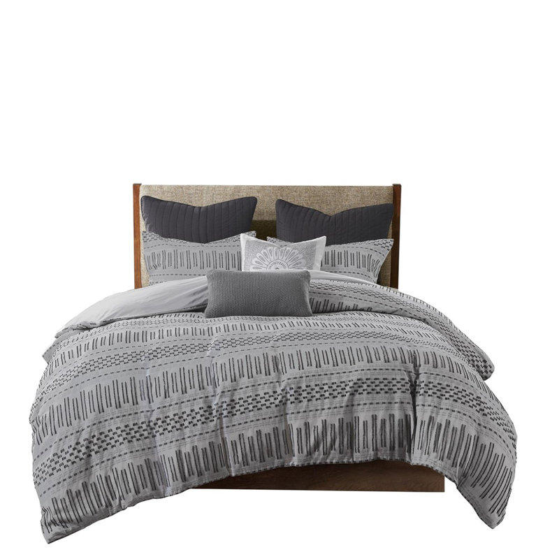 Ensemble d'édredon en coton jacquard 3 pièces, Gris; noir, Édredon très grand et 2 taies décoratives stand