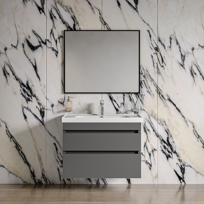 Navkiran 39.6'' Single Bathroom Vanity with Ceramic Top with Mirror