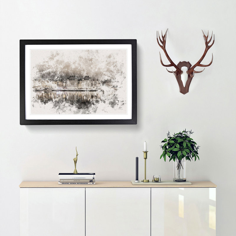 Reflection of Stockholm in Sweden - Picture Frame Painting Print, 45cm H x 63cm W x 2cm D, Black Framed