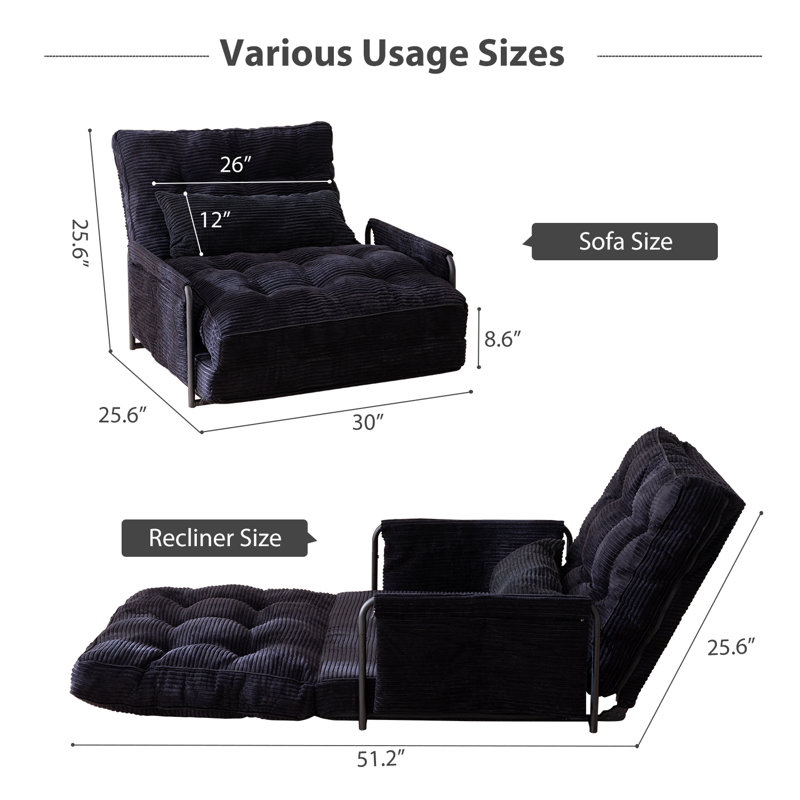 Bean Bag sofa,Floor Sofa Bed, Black Corduroy, 25.6" H x 30" W x 25.6" D