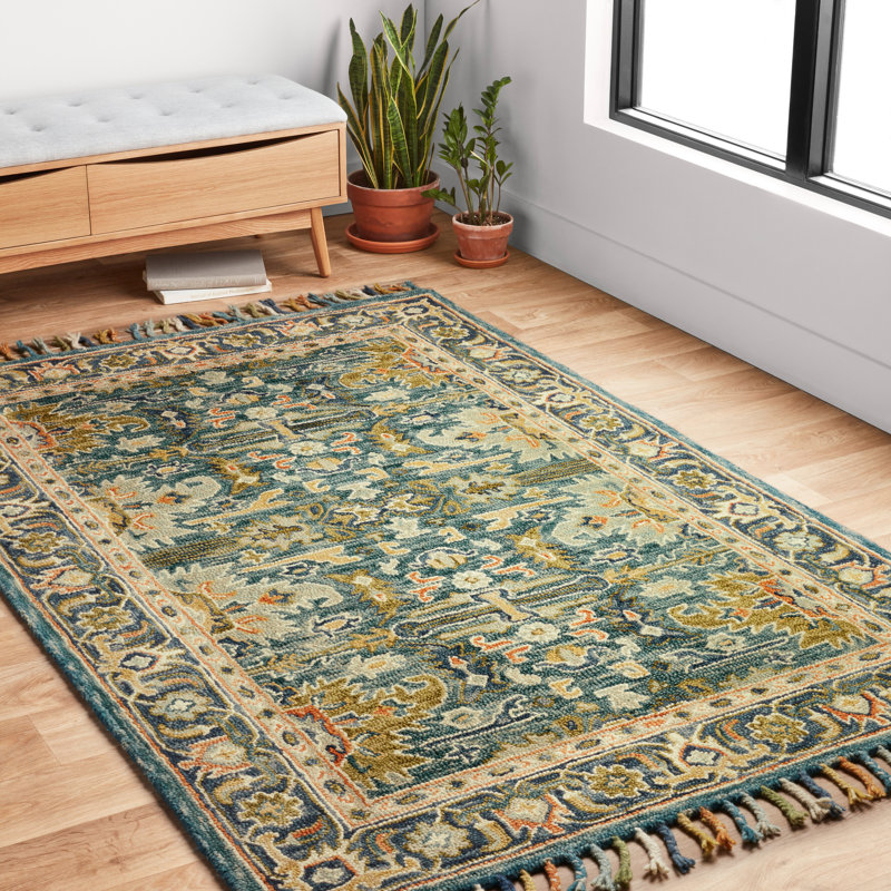 Leyna Hand-Hooked Wool Blue/Navy Area Rug , Rectangle 5' x 7'6"