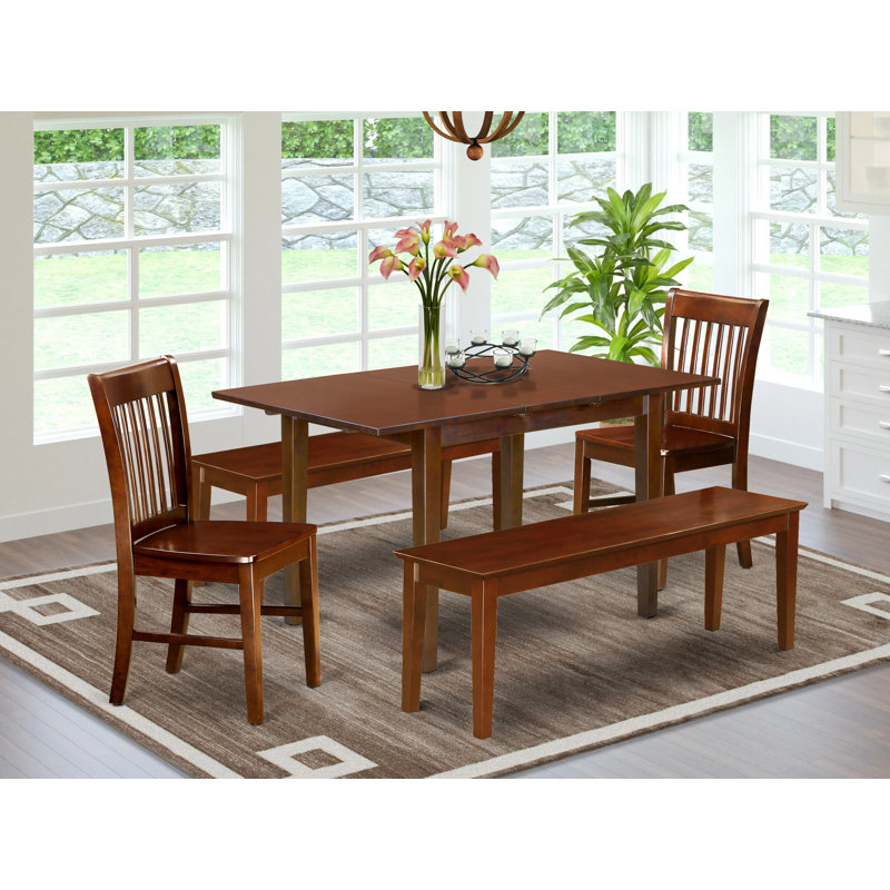 Ensemble de salle à manger 5 pièces comprenant une table de salle à manger rectangulaire avec rallonge papillon et 2 chaises de cuisine avec 2 bancs, 32 x 54 pouces, acajou