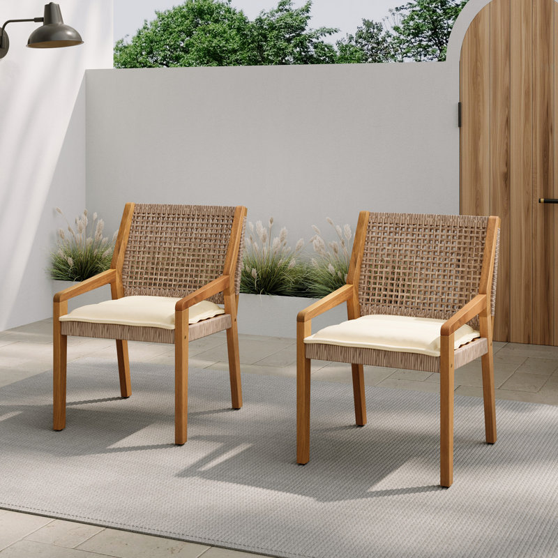 Bois d'acacia et osier avec meubles de patio à coussin crème - Finition teck et brun wicke - MP2 (ensemble de 2)