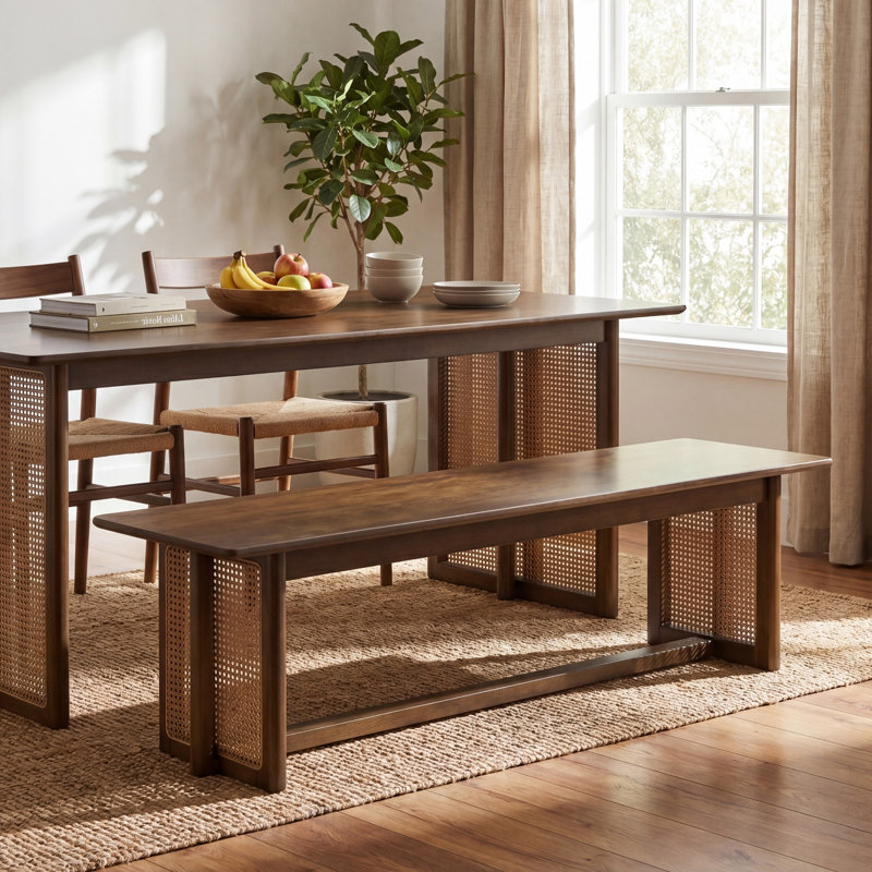 Banc de salle à manger en bois d'hévéa avec tressage en rotin synthétique - 150 cm (L) Banc d'intérieur