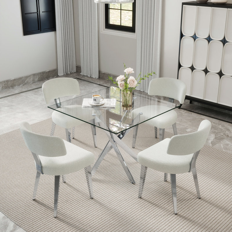 Ensemble repas 3/4 pièces, table en verre et chaises en velours 2/4, pieds de table chromés, moderne pour les petits espaces, cuisine, salle à manger