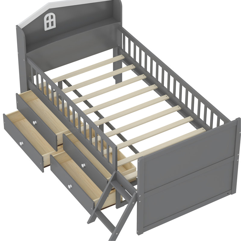 Structure de lit simple pour lit gris, 4 tiroirs, garde-corps, tête de lit en forme de maison, escalier inférieur à 2 marches, lit plateforme, tablette à tête de lit à assemblage rapide, rangement, convient