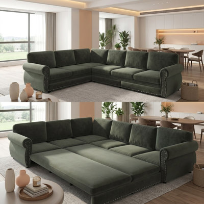 118" Classic Convertible L-Shaped Sectional Sofa with Pull-Out Sleeper and Chenille Upholstery