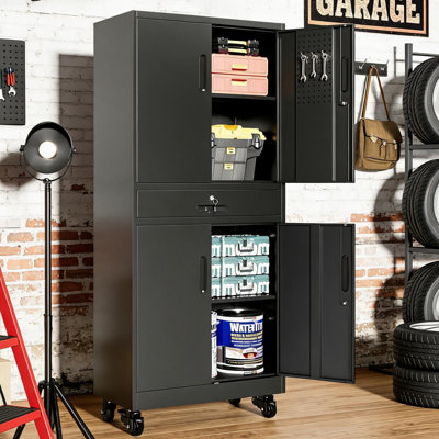 Heavy Duty Metal Tool Storage Cabinet Seventy One Inches Tall Locked Door Drawers Adjustable Partition Pegboard Hooks Casters Fit Garage Home Office