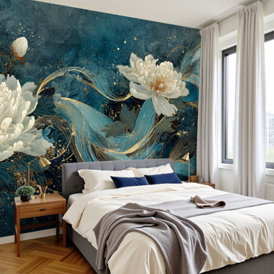 Papier peint adhésif floral abstrait mural floral abstrait indigo doré chatoyant H 100 po x l 144 po papier mural amovible en PVC auto-adhésif pour chambre à coucher, bureau à domicile