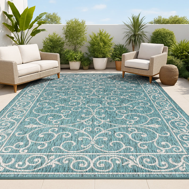 Hagerman Vintage Filigree Textured Weave Teal/Gray Indoor/Outdoor Rug, Rectangle 5'3" x 7'7"