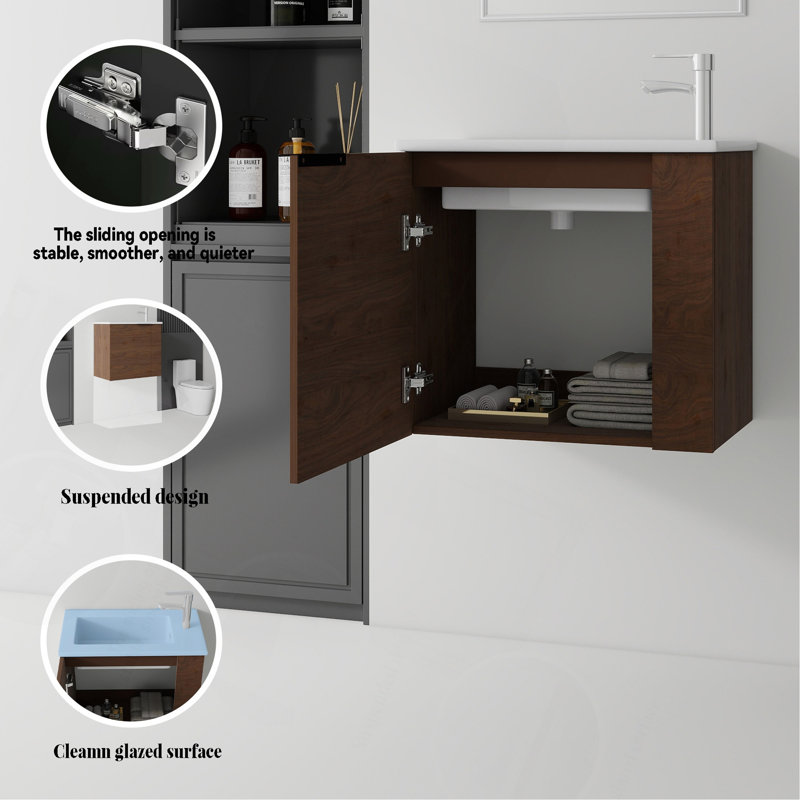 Meuble-lavabo suspendu de 56 cm (22 po), armoire murale en contreplaqué avec lavabo en céramique et portes à fermeture en douceur pour petites salles de bain
