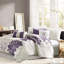 Couette taupe/gris/violette pour lit King - Coton imprimé, 2 taies d'oreiller, 1 jupe de lit, 3 coussins décoratifs délicats. Literie originale et raffiné.