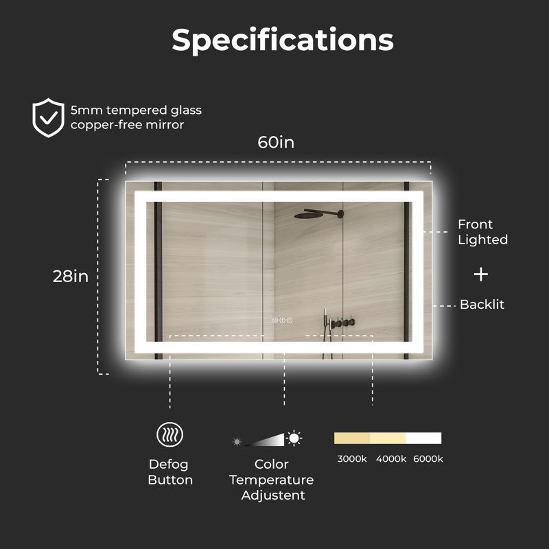 Miroir de salle de bain sans cadre à DEL, 36 po x 57 po