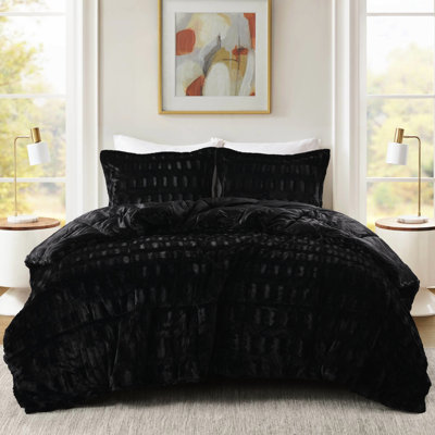 3 pièces d'édredon en fausse fourrure unie double / grand uni de couleur noire, élégante fourrure brossée, 2 taies décoratives avec bride - pouce, rembourrage, bourre cousue bout à bout noir avec revers en vison doux, rembourrage et