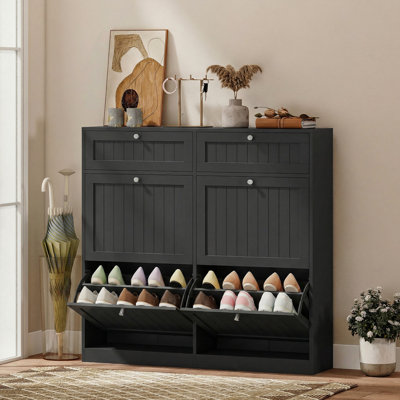 Armoire à chaussures avec 2 tiroirs rabattables, armoire de rangement pour chaussures mince, noir