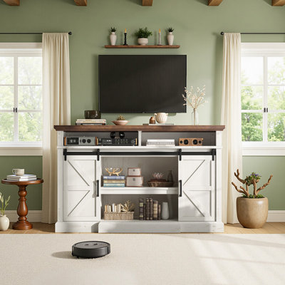  Allen 66" W Farmhouse TV Stand with Sliding Barn Door & Large Storage Shelves,White