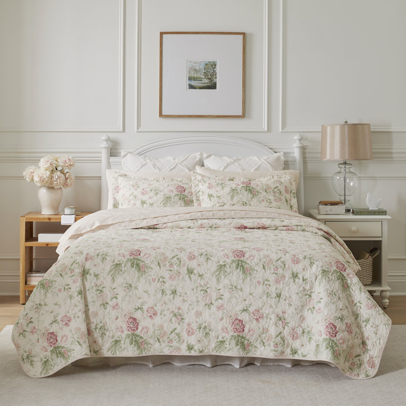 Ensemble de courtepointe réversible en coton Celina, Courtepointe pour lit simple + 1 taie décorative, Rose / Vert