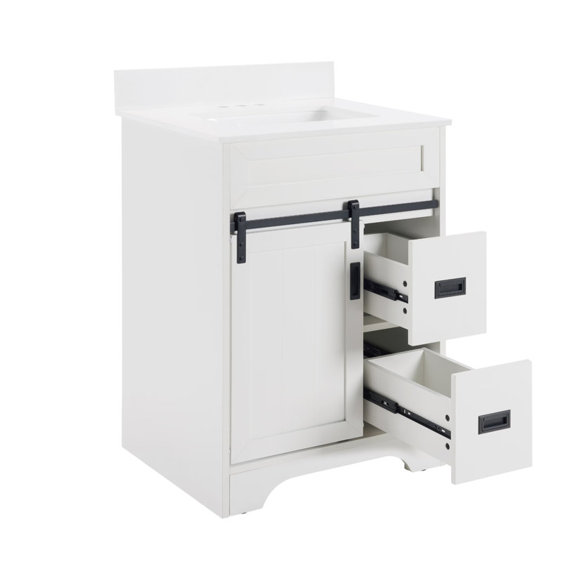 24" Bathroom Vanity With Single Sink Combo, Farmhouse Undermount Bathroom Sink Cabinet With Sliding Barn Doors And 2 Drawers, Freestanding Bathroom Vanities,white