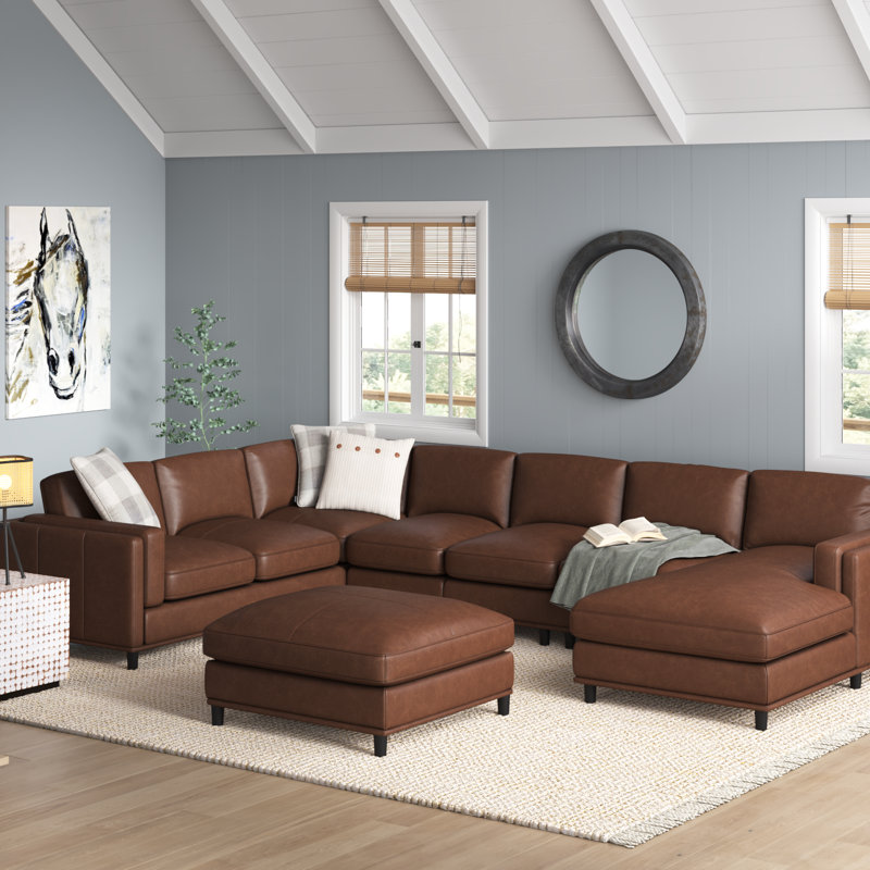 Jaxton 148" Wide Leather Match Left Hand Facing Modular Corner Sectional with Ottoman, 34" H x 174" W x 96" D, Brown 
