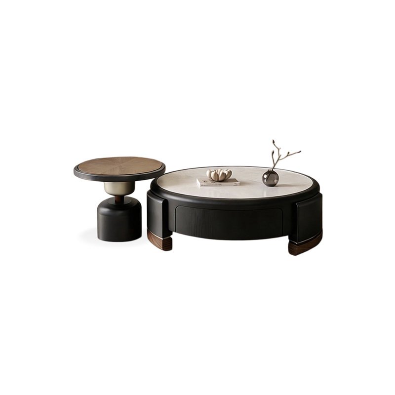 Table basse noire et ensemble de tables basses rondes en noyer noir