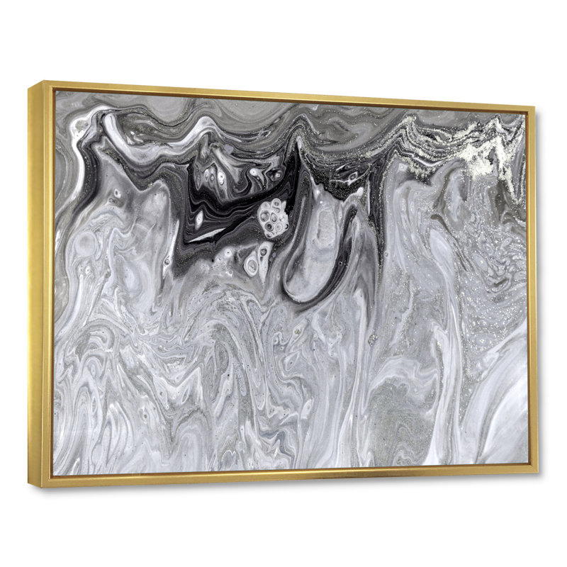 Gris abstrait liquide - peinture sur toile, Cadre flottant doré, H 16 po x l 32 po x P 1 po