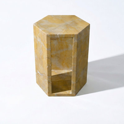 Luxury Spanish Gold Natural Marble Side Table, 16cm Side Length Hexagonal End Table with Polished Finish, Modern Geometric Stone Plinth & Nightstand for Living Room (Yellow/Gold, 40cm x 32cm)