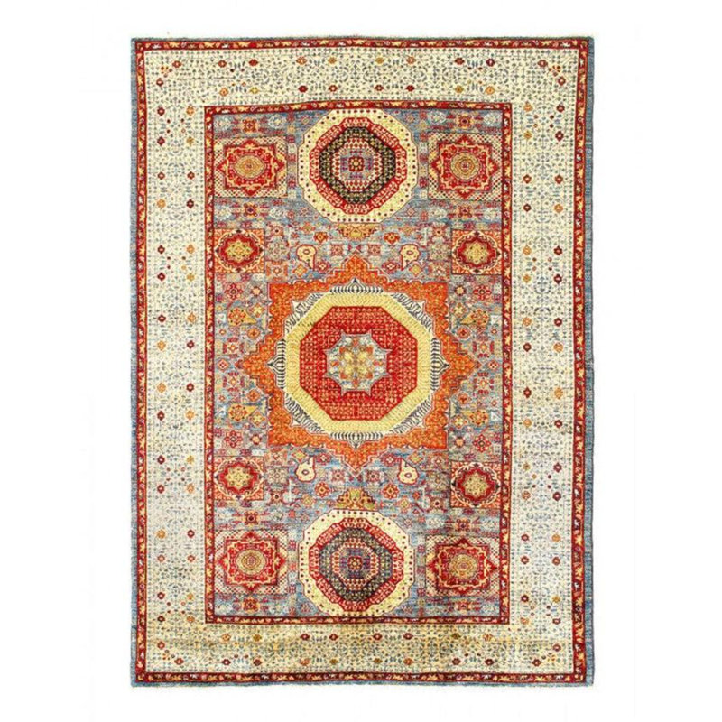 Tapis oriental en coton / laine bleu clair / beige / rouge 5 pi 8 po x 8 pi Oriental