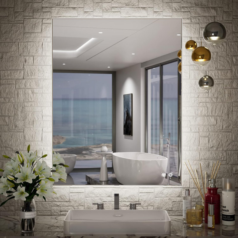Miroir de salle de bain 24 po x 32 po à DEL rétroéclairé, antibuée, à intensité variable, CRI90 +, bouton tactile, imperméable, fixation murale horizontale / verticale avec lumière