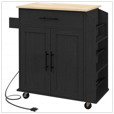 Kitchen Island with Storage, Rolling Cart with AC Outlets and USB Ports, Microwave Stand with Towel and Spice Rack
