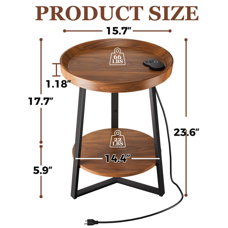 Round End Table With Charging Station, USB Ports, Wood Tabletop & Black Metal Frame, 2-Tier Side Table For Living Room, Bedroom, Brown 15.7 * 15.7 * 23.6Inches