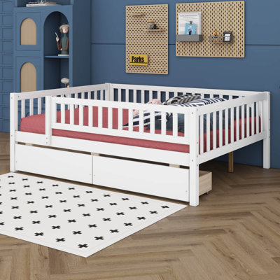 Lit de jour double avec deux tiroirs, cadre de lit en bois avec rails de clôture, lit Montessori