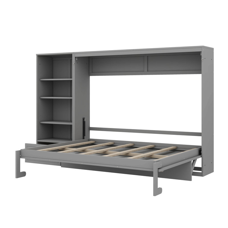 Grand lit escamotable mural avec rangement réglable et tablette, avec 1 tiroir personnalisé, Gris