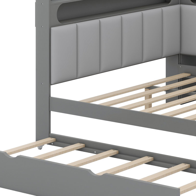 All-in-One Sleep and Study Daybed with Upholstered Backrest, Bookcase, Pull-Out Guest Bed, Power Hub, and Ambient LED Strips