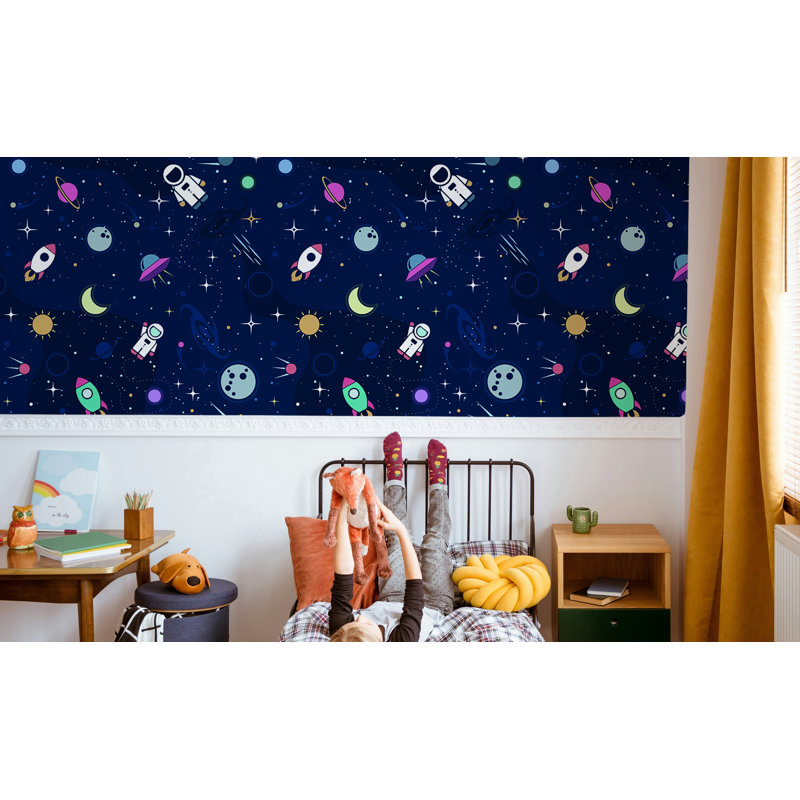 Papier peint fusées et astronautes pour enfants, bleu marine, L 36,96 po x l 56 po