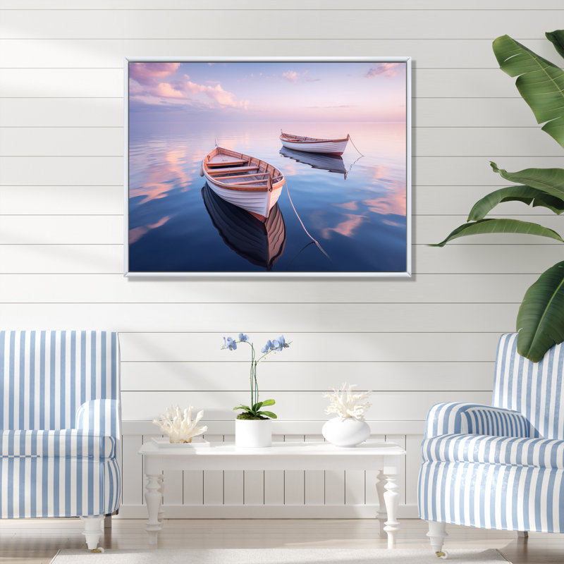 «Dinghy Boat Tranquility Pastel Sunset» sur toile, H 16 po x l 32 po x P 1 po, Cadre flottant blanc