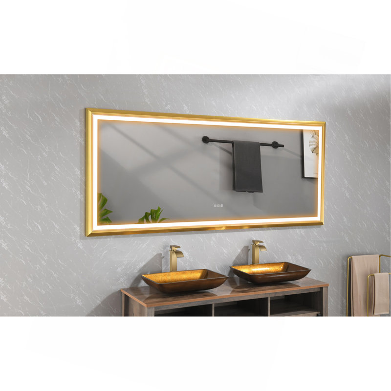Miroir de salle de bain 84 po x 48 po à DEL avec cadre en aluminium, miroir de meuble-lavabo mural, anti-buée, mémoire, 3 couleurs, réglable en continu