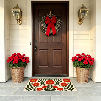 Retro Red Floral Pattern 24" x 36" Door Mat Interior and Exterior Decor