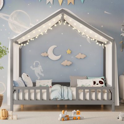 Lit double avec baldaquin YDT Montessori | Lit pour tout-petits en forme de maison avec rampes hautes et toit, structure en bois, gris
